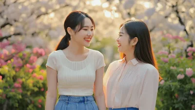 Two Young Women Smiling And Nuzzling In A Garden