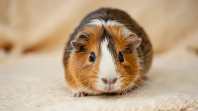 Cute Tricolor Guinea Pig Sitting Still on Soft Fabric