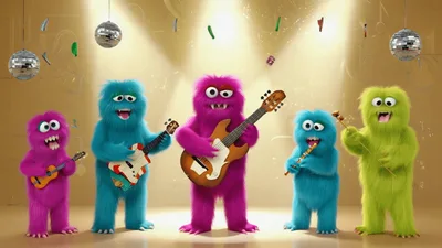 Five Colorful Furry Monsters Playing Musical Instruments On Stage