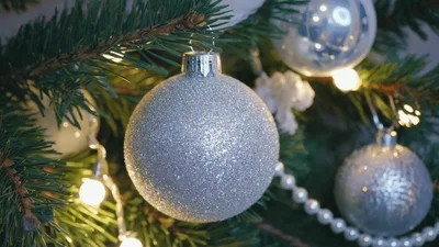 Silver Glitter Christmas Ornament Hanging On Pine Tree