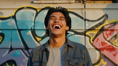 Young Man Laughing Joyfully Against Graffiti Wall