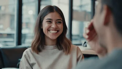 Young Woman Laughing During A Casual Cafe Conversation