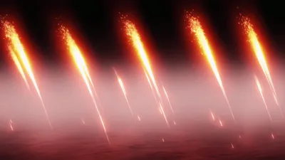 Multiple Flaming Meteors Falling Through Dark Smoky Atmosphere