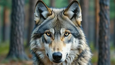 Close Up Portrait Of A Majestic Gray Wolf