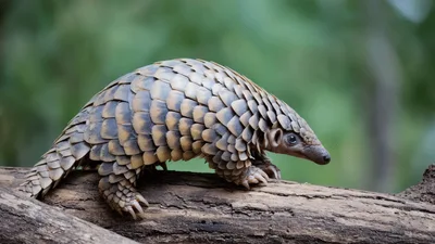 Pangolin Walking Along A Fallen Tree Branch