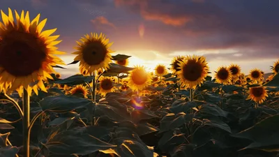 Sunflowers Swaying In A Field At Sunset