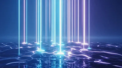 Abstract Neon Light Beams Striking Reflective Liquid Surface