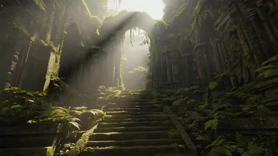 Sunlight Beams Through Ancient Overgrown Stone Temple Ruins