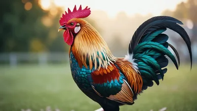Colorful Rooster Standing In A Grassy Field