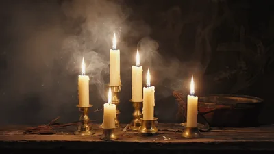 Six Burning Candles With Rising Smoke On Wooden Table
