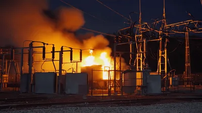 Electrical Substation Transformer Engulfed In Large Fire