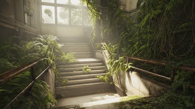 Overgrown Abandoned Staircase Inside A Dilapidated Building