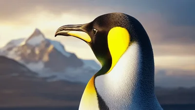 King Penguin Head Turning Against Snowy Mountain Background