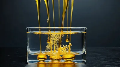 Golden Oil Droplets Falling Into Clear Liquid