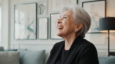 Happy Senior Woman Laughing Joyfully In Living Room