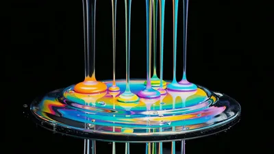 Vibrant Rainbow Liquid Streams Dripping Into A Pool