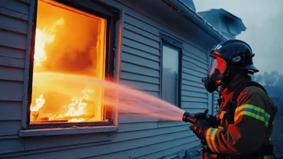 Firefighter Extinguishing House Fire With High Pressure Hose