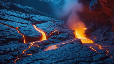 Molten Lava Flowing Through Dark Volcanic Rock Cave