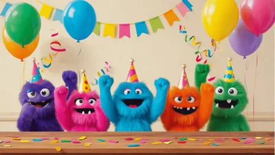 Five Colorful Furry Monsters Celebrating At A Party