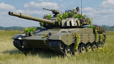 Military Tank Decorated With Flowers In A Meadow