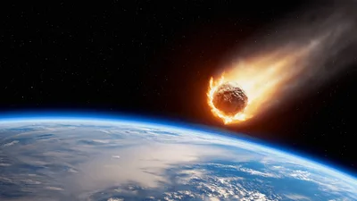 Burning Asteroid Approaching Earth Atmosphere In Outer Space