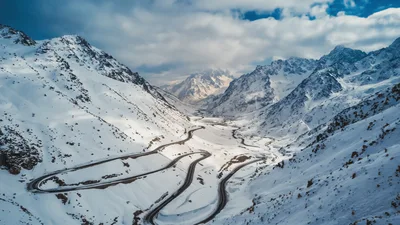 Aerial View Of Winding Mountain Road In Snowy Andes