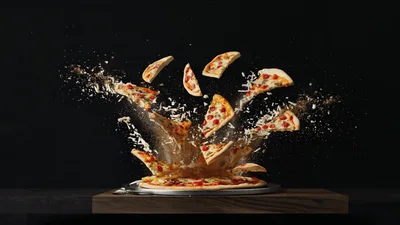 Pizza Slices Exploding Upwards From A Whole Pizza