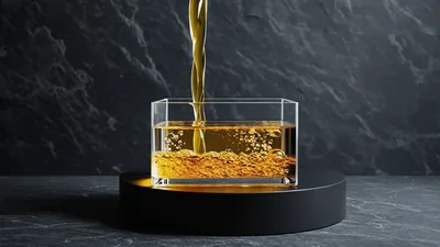 Golden Liquid Pouring Into A Glass Container