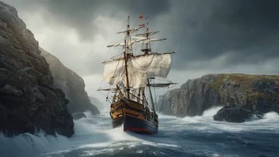 Tall Ship Sailing Through Narrow Rocky Channel