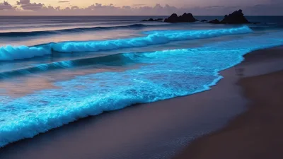 Bioluminescent Waves Crashing On A Sandy Beach At Twilight