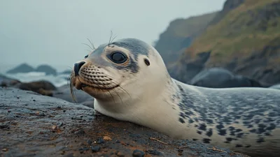 Cute Spotted Seal Resting On Rocky Shoreline