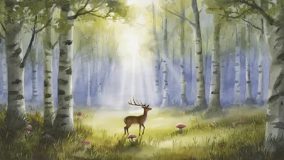 Watercolor Illustration Of A Deer Walking Through Birch Forest