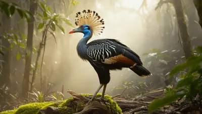 Exotic Crowned Bird Standing In Misty Tropical Forest