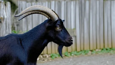 Black Goat Standing Still In Front Of Wooden Fence