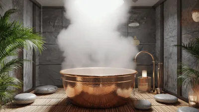 Steaming Copper Bathtub In A Zen Spa Bathroom