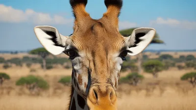 Close Up Portrait Of A Giraffe In The Savannah