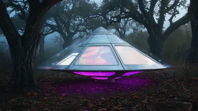 Futuristic Pyramid UFO Hovering In Misty Forest
