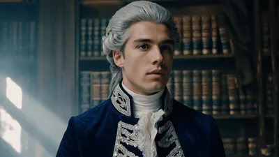 Young Aristocrat In Historical Costume Standing In Library