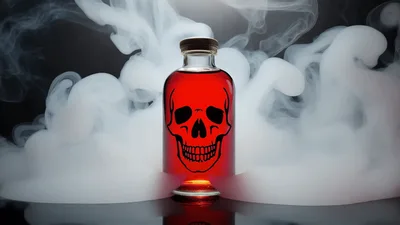 Glass Bottle With Red Liquid And Skull Symbol In Smoke