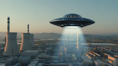 UFO Hovering Above Industrial Power Plant Facility
