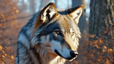 Close Up Portrait Of A Majestic Gray Wolf