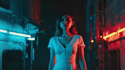 Young Woman Standing In A Neon Lit Alleyway