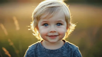 Adorable Blonde Toddler Smiling Outdoors At Sunset