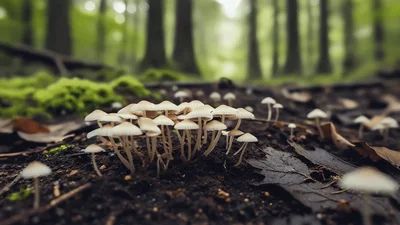 Small White Mushrooms Growing In A Lush Forest