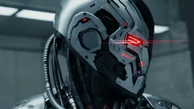 Cyborg Robot Head Turning Slowly In Industrial Laboratory