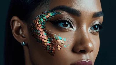 Close Up Portrait Of Woman With Iridescent Dragon Scale Makeup