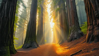 Sunlight Beams Through Ancient Redwood Forest Trees