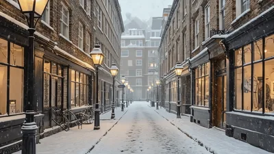 Snow Falling On A Quiet European Cobblestone Street
