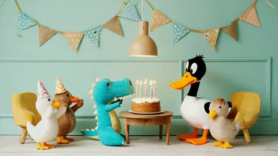 Plush Toys Celebrating Birthday With Cake And Candles