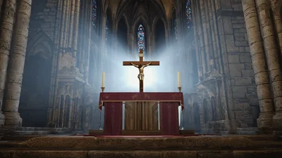 Crucifix On Church Altar With Glowing Light Rays